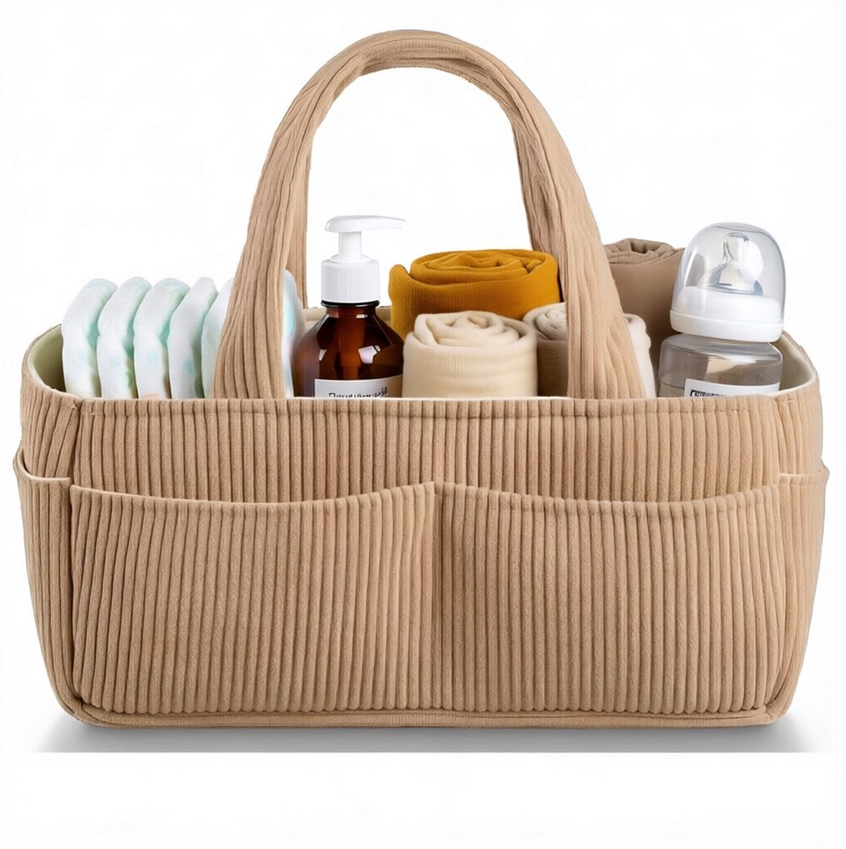 Luier Organizer - Luiertas - Luieropbergmand - rote opbergmand voor baby's - Grote Baby Opbergmand van Corduroy, Universele Babybenodigdheden Mand - Voor het opbergen van luiers, billendoekjes, flesjes en speelgoed - 18 x 23 x 36 cm - Bruin