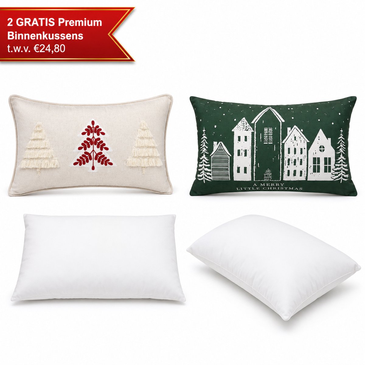 Kerstkussen Set van 2 Kerst Kussenhoezen incl. Gratis Kussenvulling - Kerst Kussenhoes - Kussenhoesjes Rechthoek - Kerstkussens met Kerstboom & Kerstdorp Borduursel & Print - 30x50 cm - Katoen/Linnen & Polyester - Voor Binnen - Wit/Groen