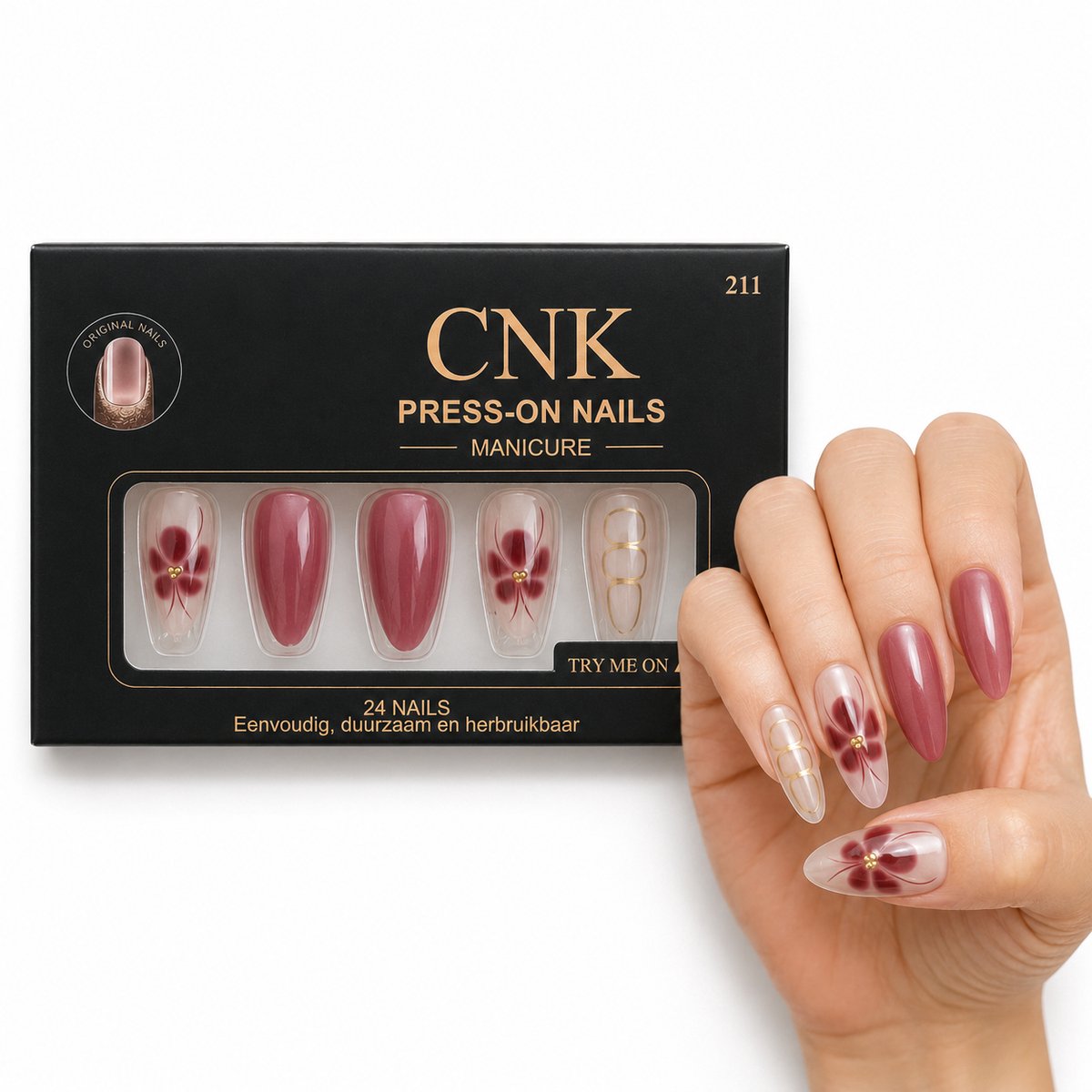 CNK 211 Press On Nails - Plaknagels - 24 Kunstnagels met Nagellijm, 24 Zelfklevende Plakstickers, Cleaner Wipe, Nagelvijl, Woodstick & Size Matcher - Nepnagels voor 7-14 Dagen - Herbruikbare Press-On Nagels - Starterspakket voor Manicure & Nail Art