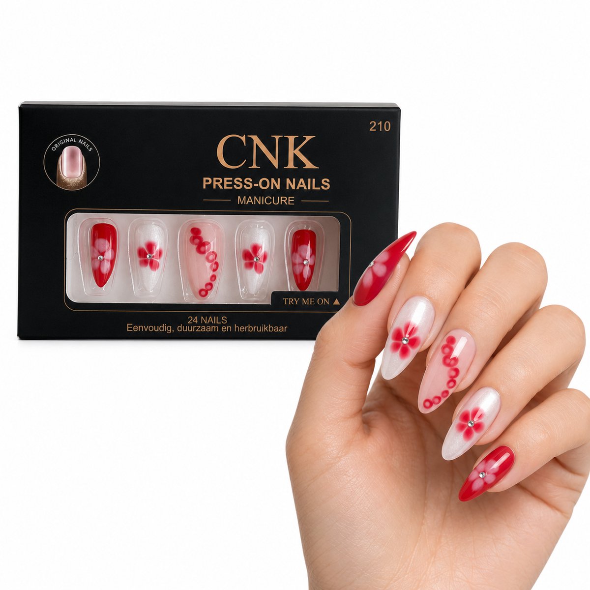 CNK 210 Press On Nails - Plaknagels - 24 Kunstnagels met Nagellijm, 24 Zelfklevende Plakstickers, Cleaner Wipe, Nagelvijl, Woodstick & Size Matcher - Nepnagels voor 7-14 Dagen - Herbruikbare Press-On Nagels - Starterspakket voor Manicure & Nail Art