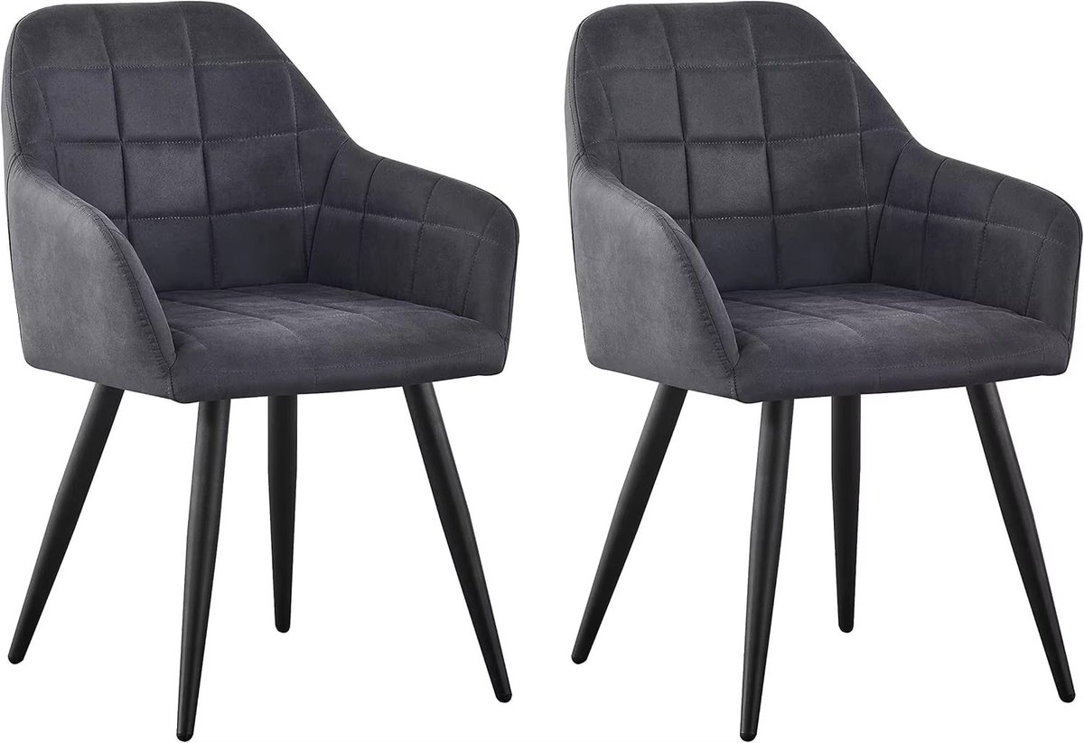 Whoopr® Set van 2 Eetkamerstoelen – Gestoffeerde Designstoelen van Kunstsuède – Moderne Stoelen met Armleuningen & Metalen Poten – Voor Eetkamer & Woonkamer donkergrijs