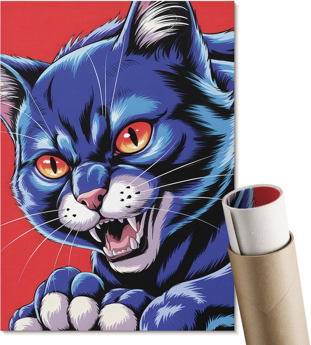 Coloray Polycanvas Poster - Blauwe Kat, Illustratie - A4 - Blauw Illustratie - Rechthoek - Decoratieve poster - Woonkamer, Slaapkamer, Kantoor - Popcultuur