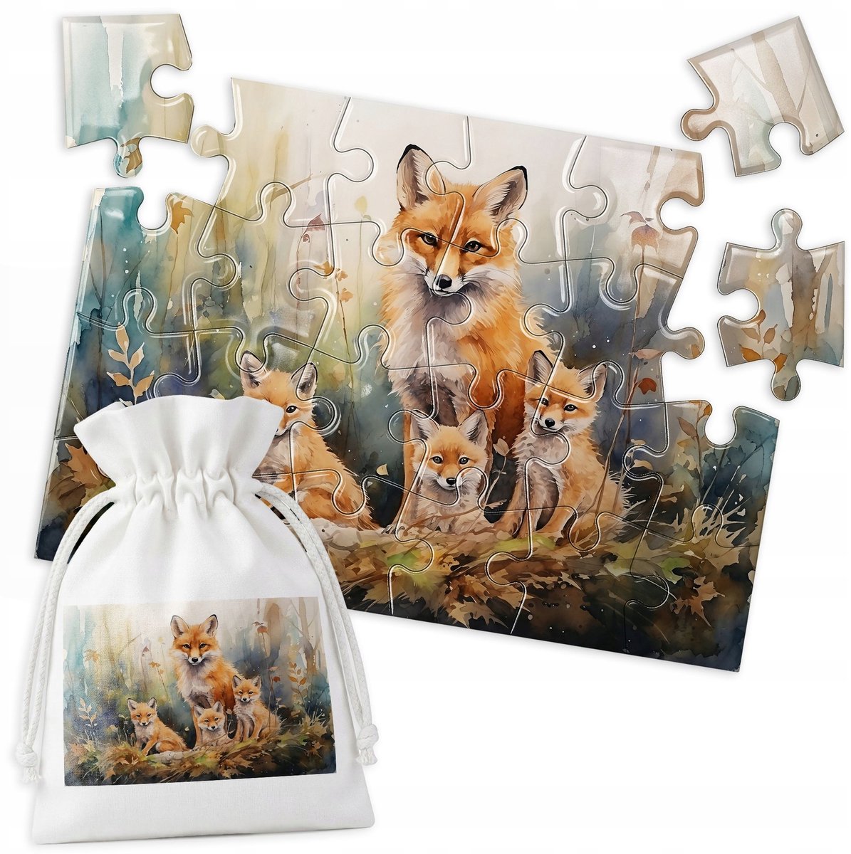 Houten Puzzel - Vos Familie, Aquarel, 24 Stukjes