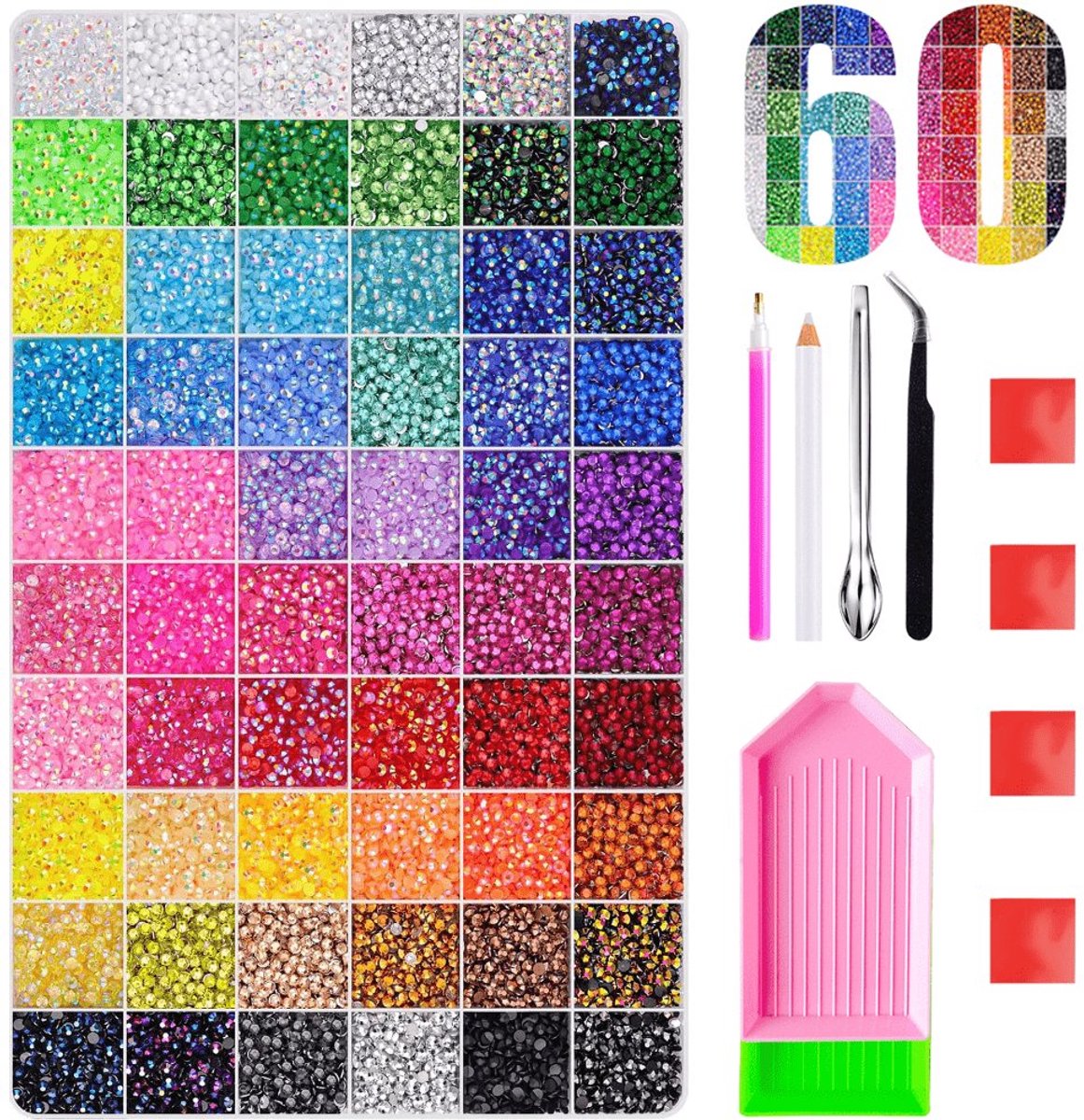 Currero Bedazzle Kit - Bedazzling - Plakstenen - Strass Steentjes - DIY Versieren - 60 Vakken Met 60 Kleuren - Nagel Decoratie - Met Pincet En Applicator