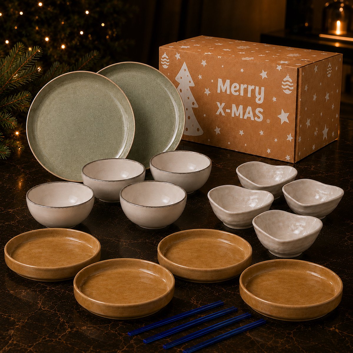 Fameilleur Luxe Kerstpakket 18-Delig Non-Food – 2 Sage Groene Borden 33 cm, 4 Olijf Beige Kommen 25 cm, 4 Witte Kommen 12,5 cm, 4 Parelwitte Schaaltjes 14 cm en 4 Blauwe Glazen Eetstokjes 24,5 cm – Kerstgeschenk en Relatiegeschenk en Bedrijfsgeschenk