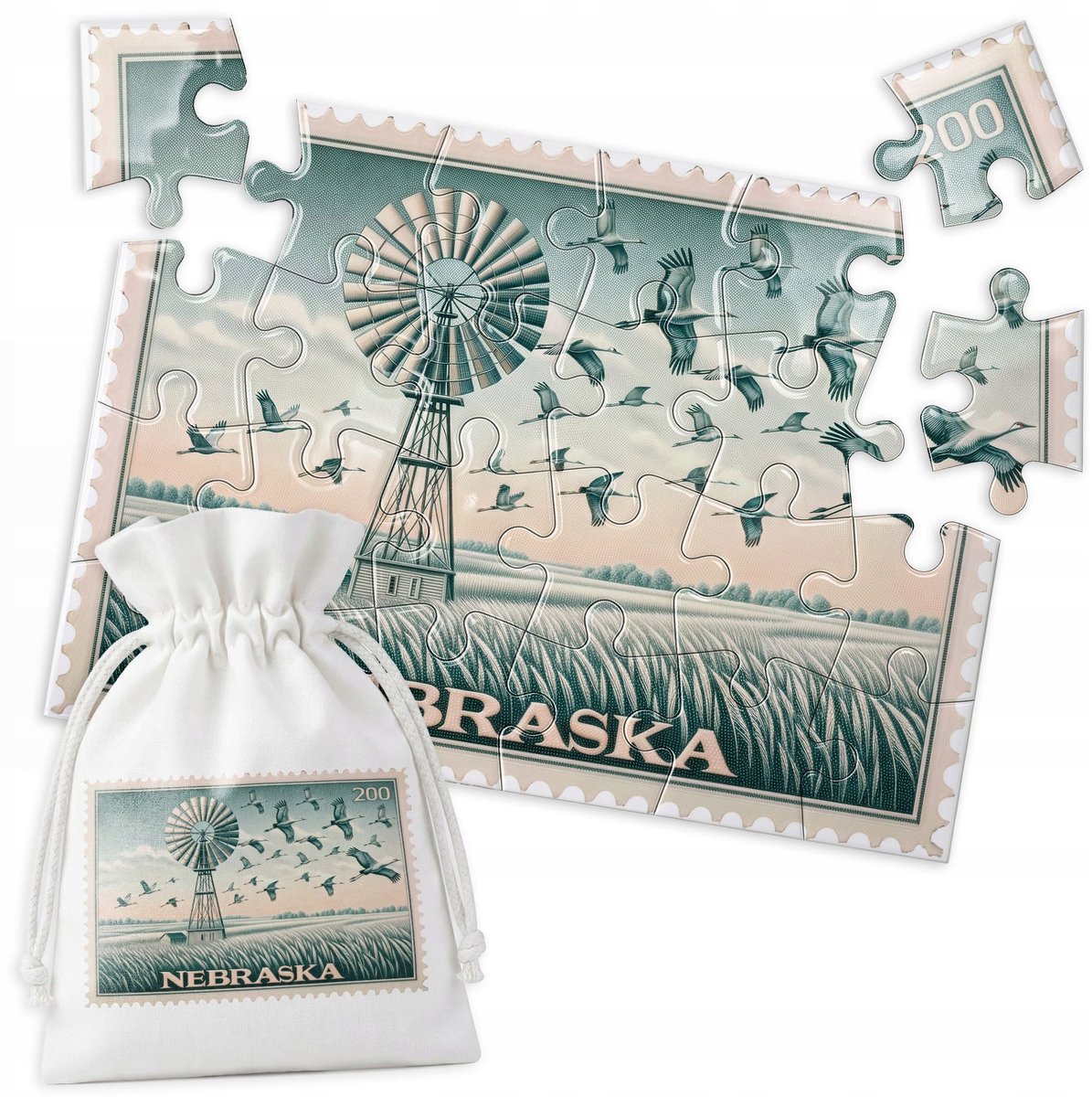 Merkloos Puzzel 24 Stukjes - Vogels, Windmolen, Veld