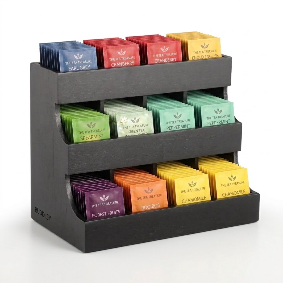 BUDDLEY Thee Organizer 12 vaks - Bamboe - Theedoos - Theehouder - Thee organiser - Display - Rekje - Thee Houder Hout - Theedozen - Theekist - Theezak organiser - Theezakjes box - Houten - Thee doos - 12 vakken - Rek - Kantoor - Tea - Staand - Zwart