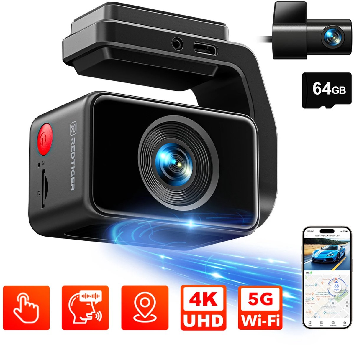 Dashcam 4K met voor- en achtercamera GPS WiFi touchscreen nachtzicht G-sensor 64GB geheugenkaart авто camera