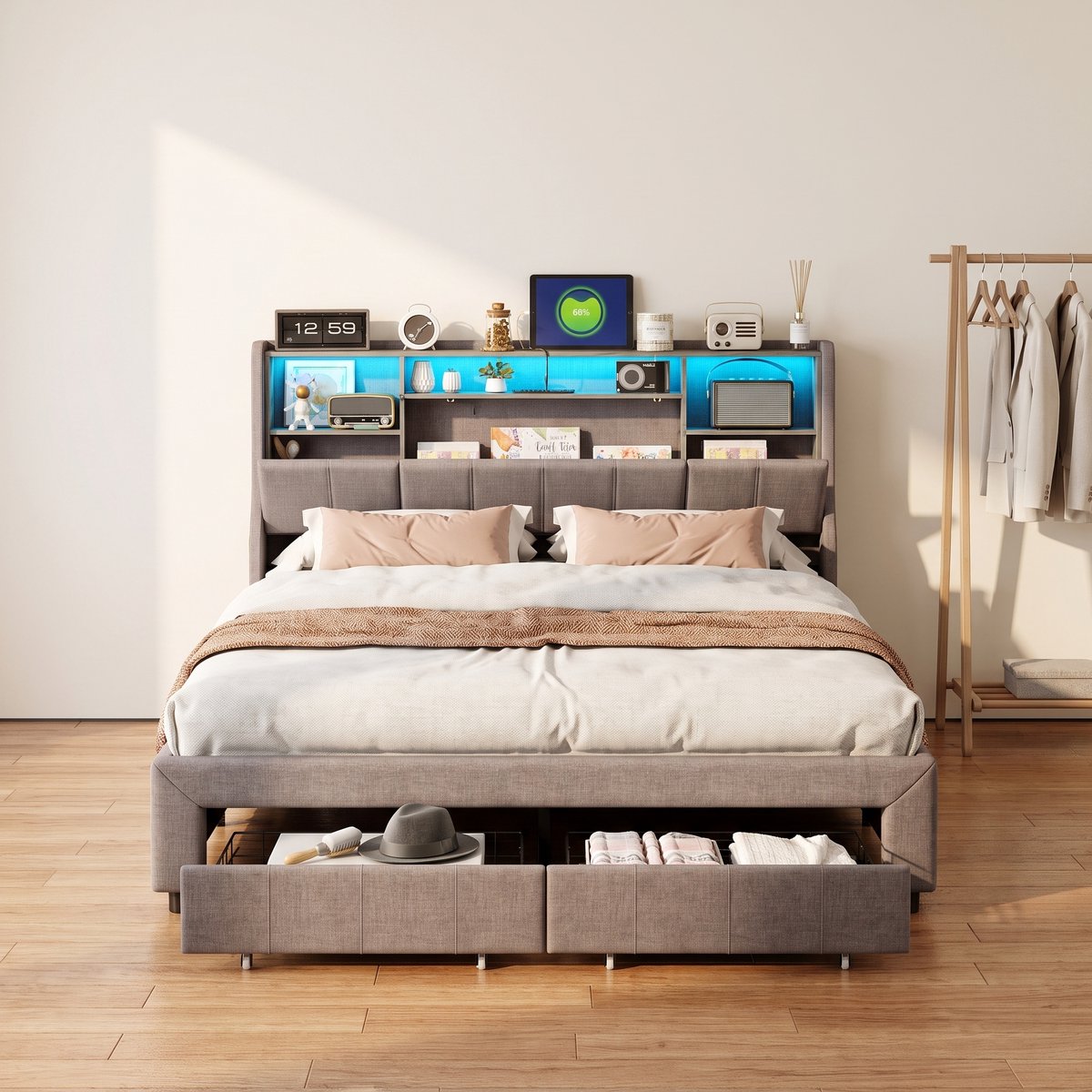 MEXUS Gestoffeerd Bed, Modern Tweepersoonsbedframe met Ledverlichting en USB-Poort met Opbergruimte, Bedframe met Lattenbodem, 2 Lades, Beddengoed (Grijs, 140x200cm)