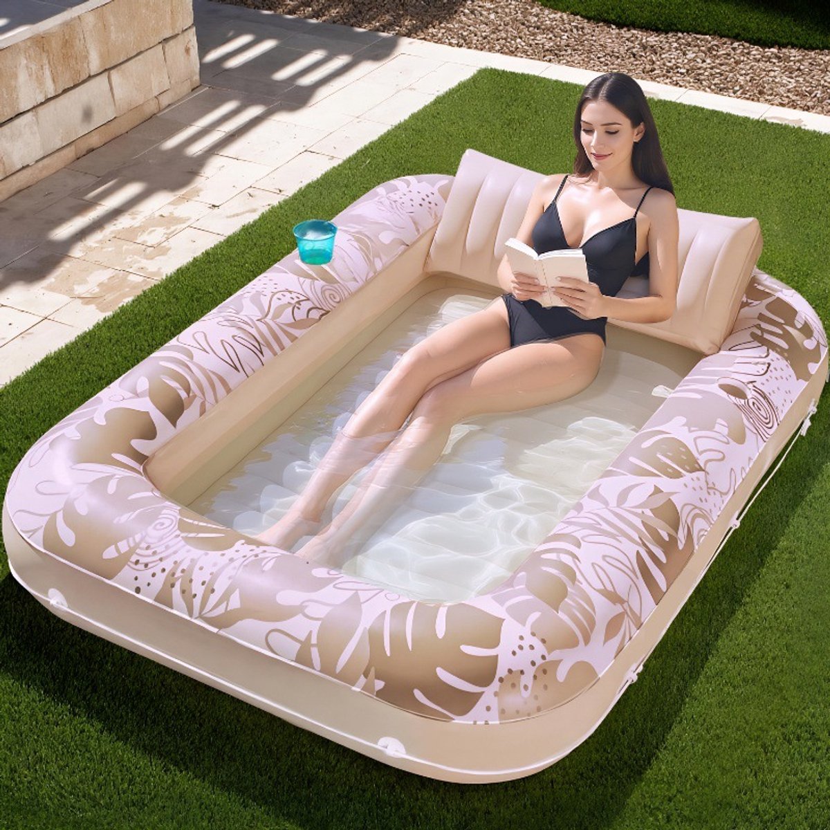 Opblaasbaar zwembadluchtbed voor volwassenen (177,8 x 116,8 cm), Ligbed voor in het water of om te zonnen, met rugleuning en bekerhouder, ideaal om te ontspannen op het strand, in de tuin of op het balkon