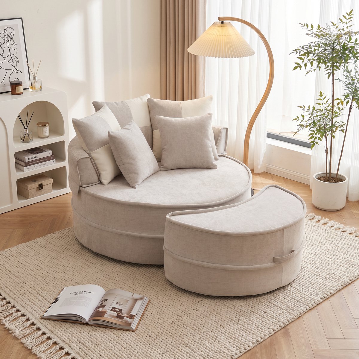 Ronde bank met poef - grijze chenille loungestoel - comfortabele zithoek - 163x121x66 cm - ontspannen - woonkamer en slaapkamer grijs