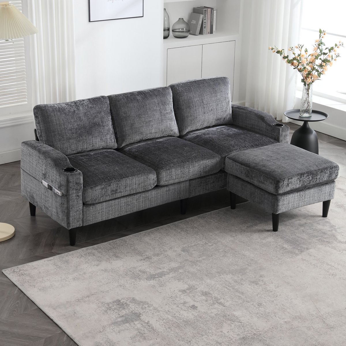 4-zits zitbank - 196,5 x 75 x 77 cm - chenille bekleding - met opbergruimte - modulair samen te stellen - met bekerhouders - met armleuningen - Grijs