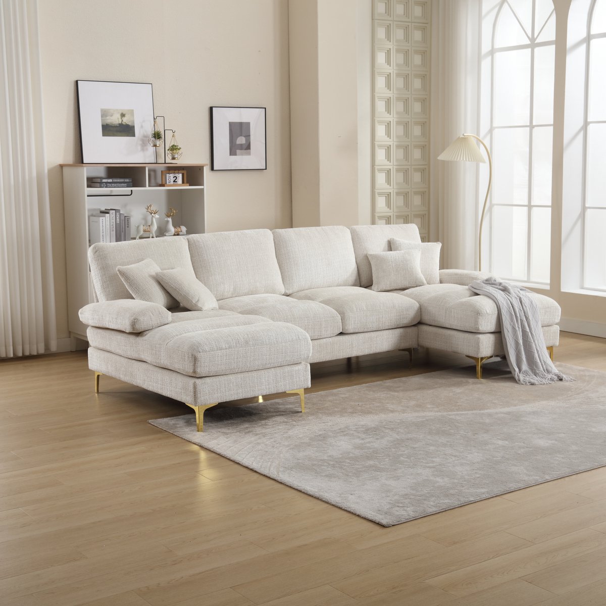 U-bank - 272 x 136 x 88 cm - chenille bekleding - modulair samen te stellen - inclusief kussens - met houten poten - met metalen frame - Beige