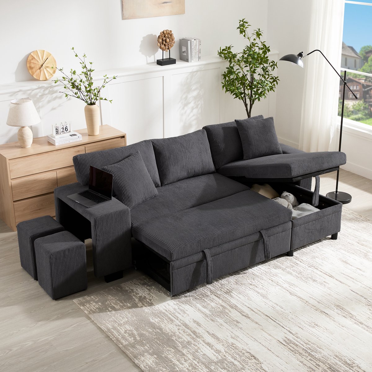 3-zits U-bank - 231 x 131,5 x 84 cm - corduroy bekleding - met slaapfunctie - met opbergruimte - met USB-aansluiting - inclusief kussens - Grijs