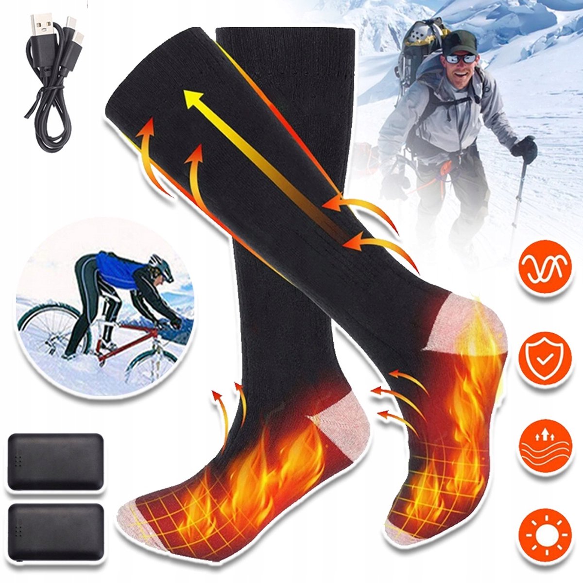 Oplaadbare Verwarmde Sokken Met 3 Warmtestanden Verre-Infraroodverwarming Wasbaar 2x 4000mAh Li-Polymeerbatterijen 45-65 °C Sneldrogend Voor Jagen Skiën En Outdooractiviteiten Zwart