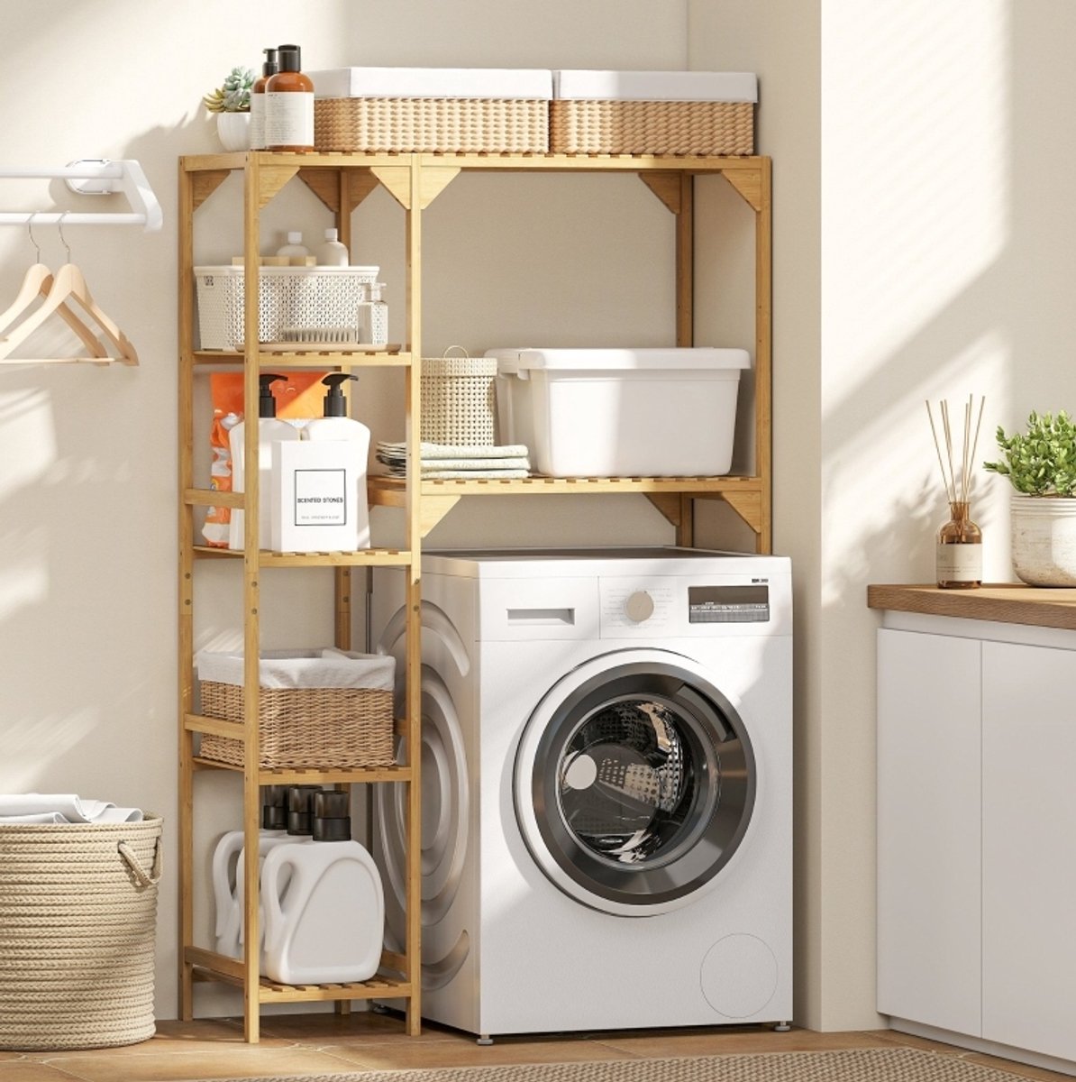 REDOM - Wasmachine opbergrek - Open stellingkast - Verstelbare planken - Opbergruimte voor wasruimte - Bamboe - Natuurlijk hout - 100 x 40 x 157 cm