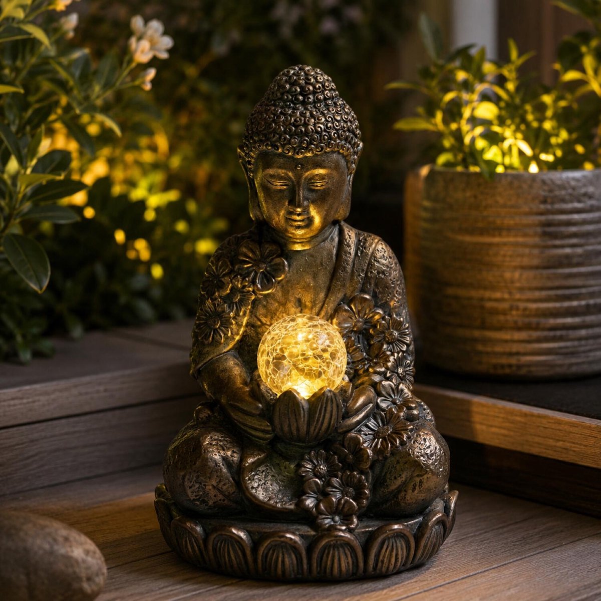 Bellatio Design Boeddha beeld Future - buiten - kunststeen - solar led - brons old look - 20 x 33 cm - huis en tuin beelden