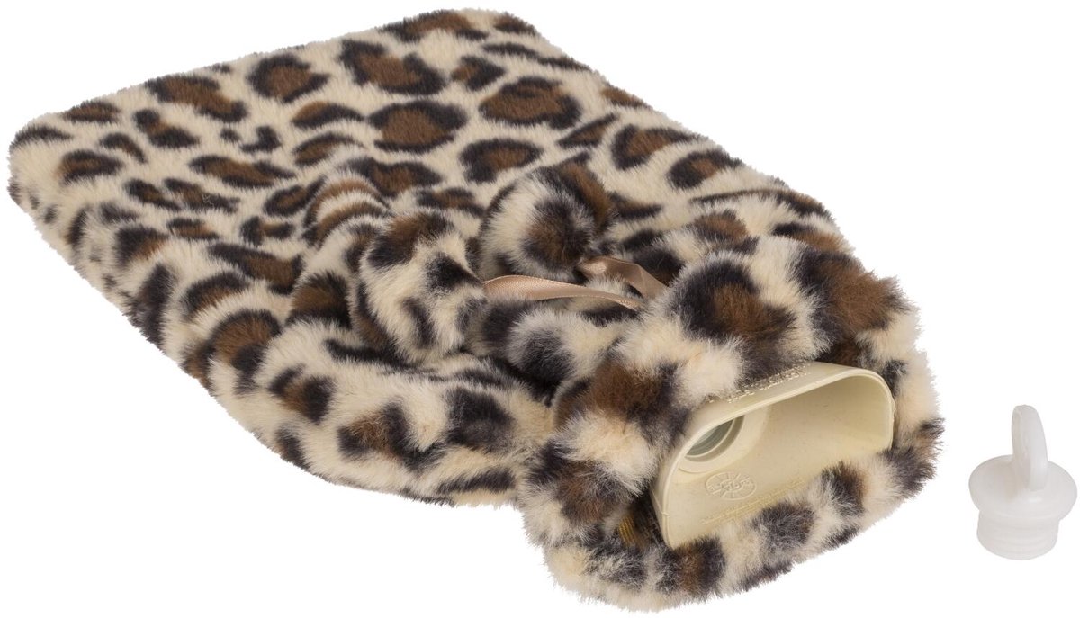 Out of the Blue Warmwaterkruik - panterprint / luipaardprint - bruin - 2L - pluche - met hoes - kruik
