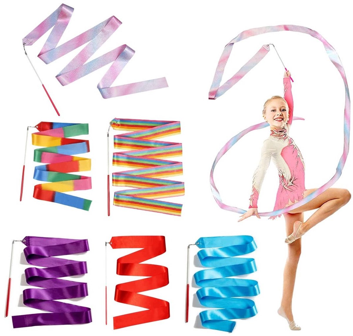 Gymnastiek Lint Set voor Kinderen - 6 Stuks, 200cm met Metalen Stok