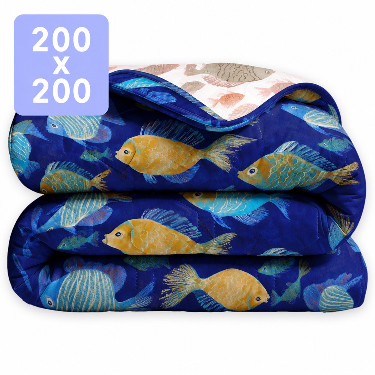 HappyBed Dekbed zonder overtrek 200x200 - Wasbaar Dekbed - Bedrukt dekbed zonder hoes - Hoesloos Dekbed - Tweepersoonsdekbed - Fish