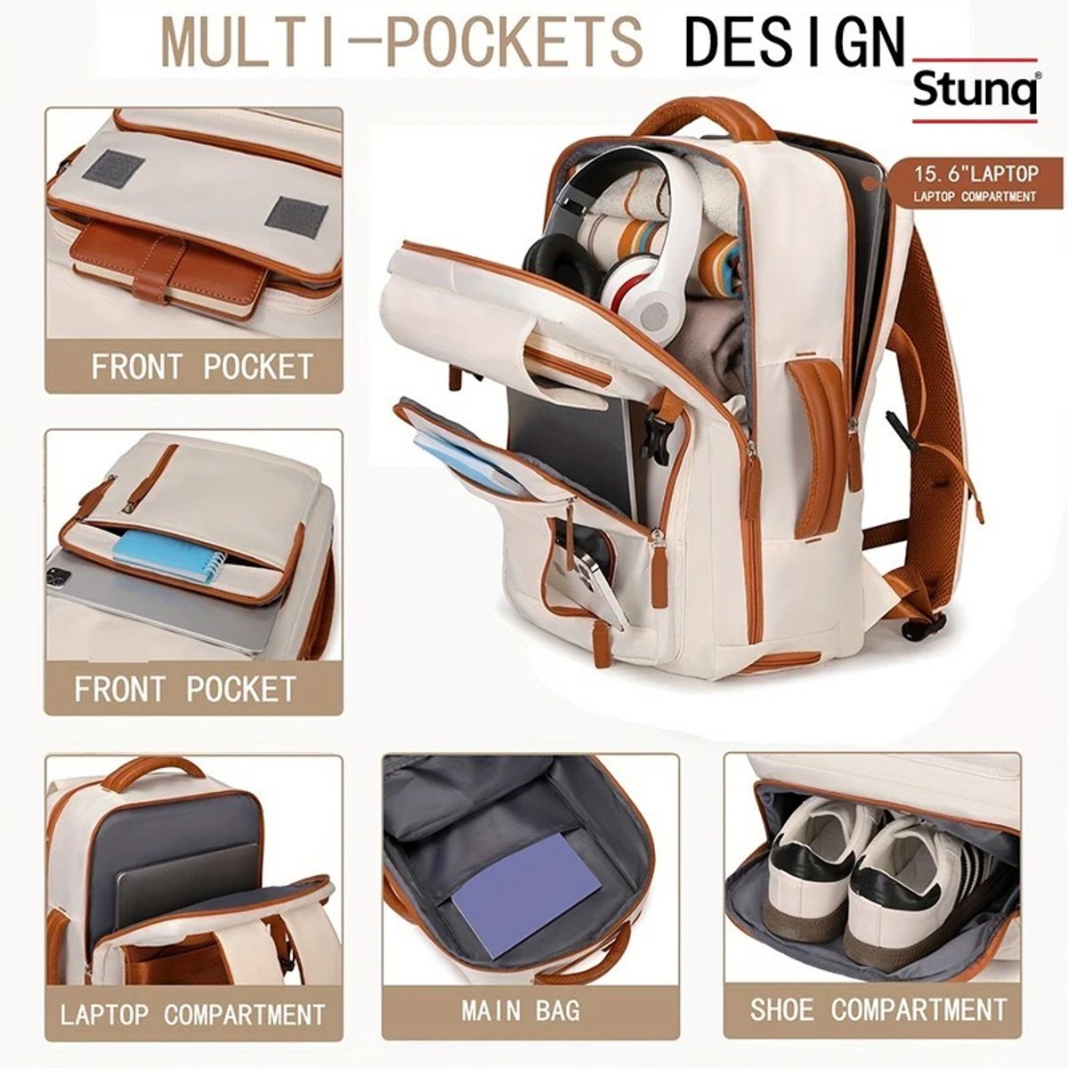 Stunq® 15,6-inch laptop rugzak met schoenenvak en trolleyriem, crème/bruin