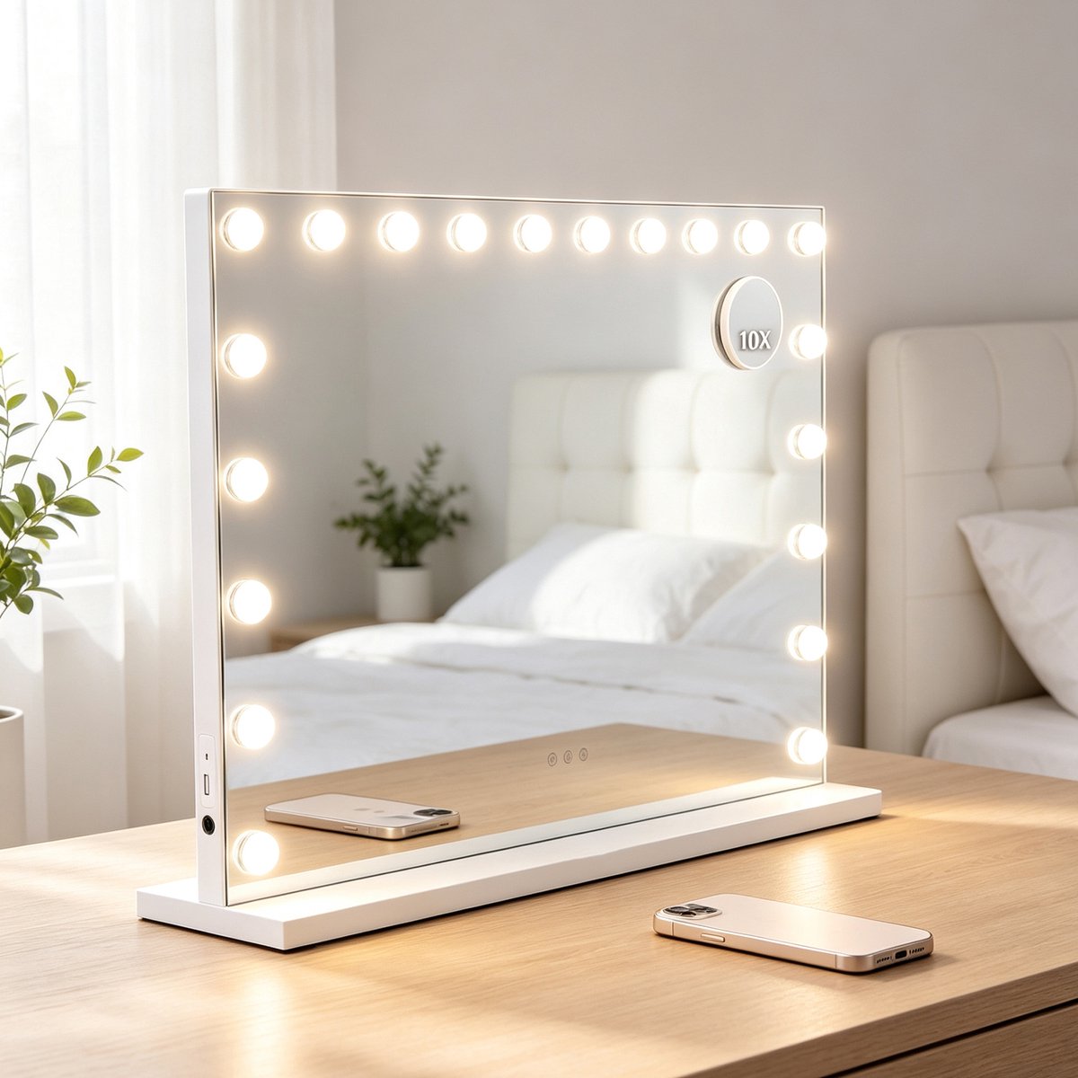 ANTENLICHT Make Up Spiegel met Verlichting - Hollywood Spiegel 90x60CM - 10x Vergroting - USB & USB-C Oplaadporten - 20 LED Lampen - Dimbaar - 3 Lichtstanden - Make Up Spiegel - Wit