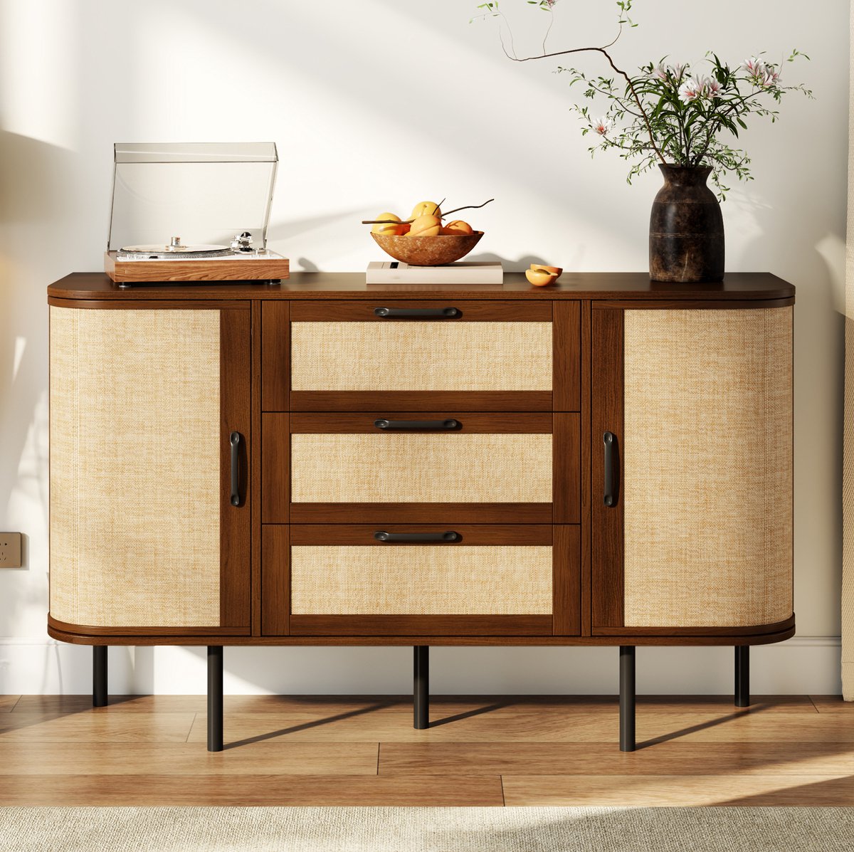MODENUIT Dressoir - 2 Openslaande Deuren En 3 Lades - Retro Opbergkast Voor Woonkamer En Hal - MDF - Walnoot - 120x40x82 Cm