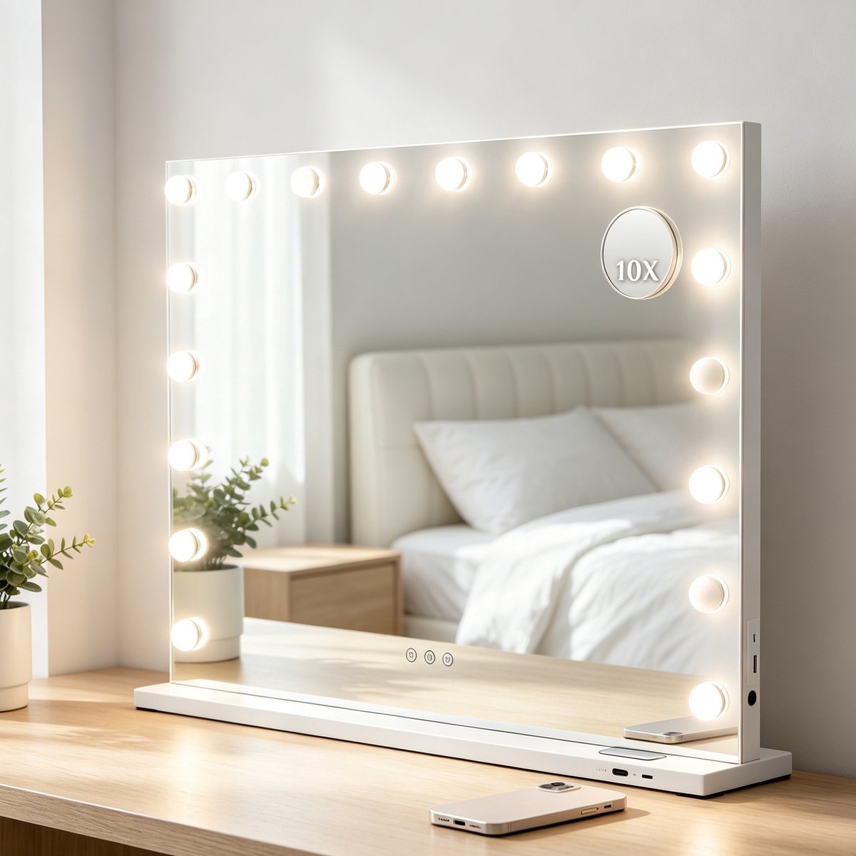 ANTENLICHT Make Up Spiegel met Verlichting - Hollywood Spiegel 80x60CM - 10X Vergroting - Vergrootspiegel - USB & USB-C Oplaadporten - 18 LED Lampen - Dimbaar - Make Up Spiegel - Wit