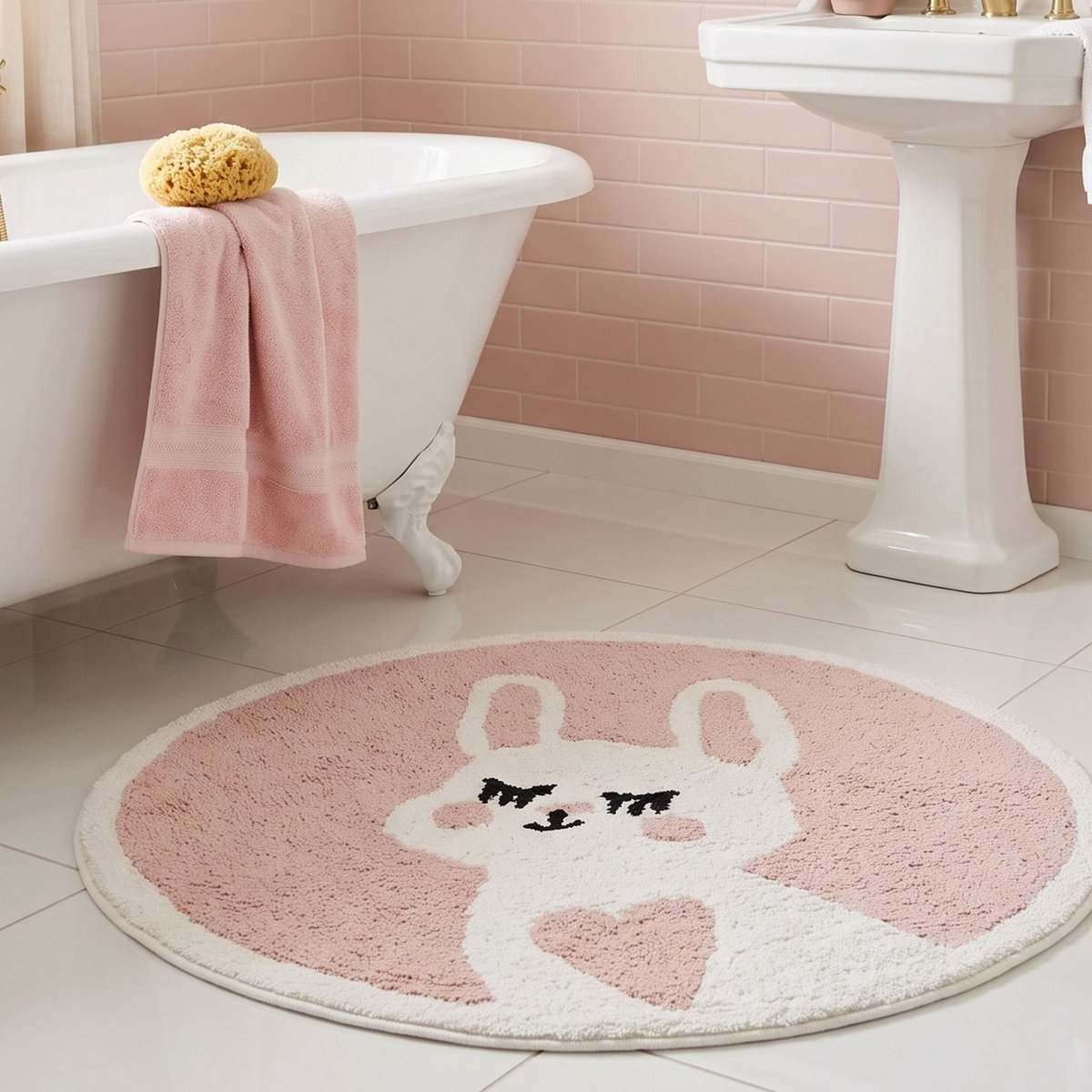 Homescapes Ronde Badmat met Konijnenmotief 60 cm – Badmat van 100% Katoen, Roze