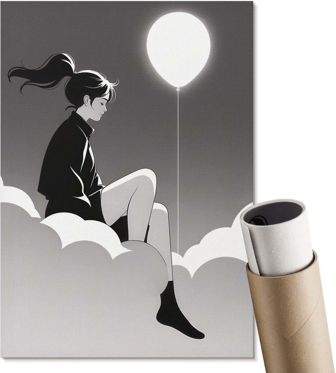 Coloray Polycanvas Poster - Meisje En Ballon, Illustratie - A4 - Wit Design - Rechthoek - Kunstposter - Woonkamer, Slaapkamer, Kantoor - Romantisch