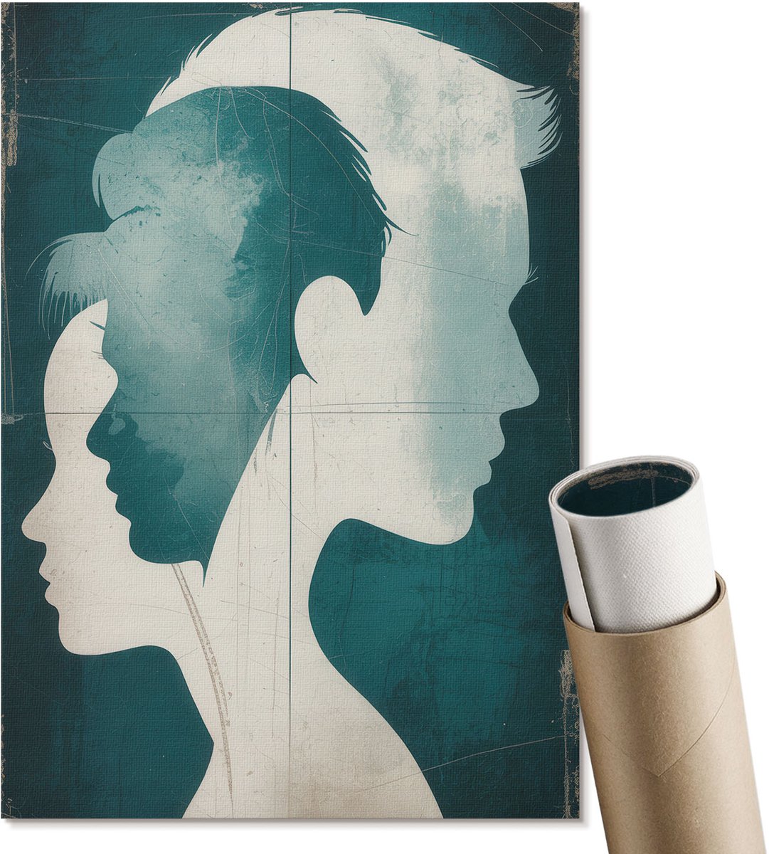 Coloray Polycanvas Poster - Gezichtsprofielen, Illustratie - A4 - Turkoois Illustratie - Rechthoek - Muurdecoratie - Woonkamer, Slaapkamer, Kantoor - Expressief