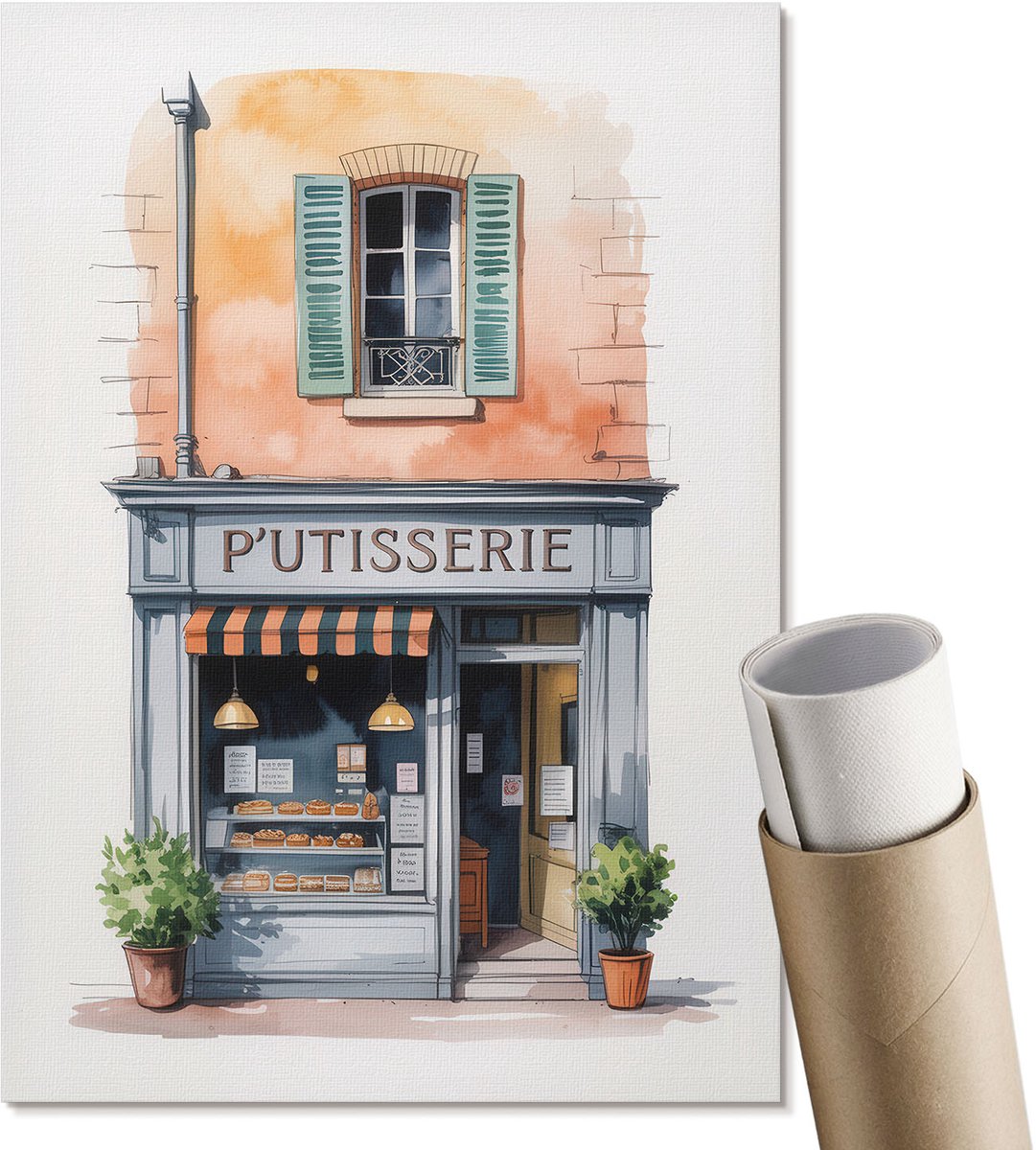Coloray Polycanvas Poster - Franse Bakkerij, Waterverf - A4 - Oranje Design - Rechthoek - Decoratieve poster - Woonkamer, Slaapkamer, Kantoor - Romantisch