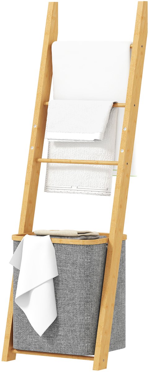 Handdoekenrek bamboe met wasmand - ladder handdoekhouder voor woonkamer - wasruimte - slaapkamer - 43 x 35 x 133 cm - grijs