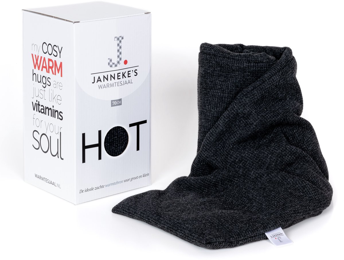 Janneke’s Warmtesjaal® warmtekussen magnetron - pittenzak - lang - lijnzaad - wasbare hoes - 70x 20 cm - kleur antraciet wafelstof fijn