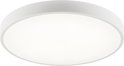 Ronde, platte witte plafondlamp met egale witte verlichting, schuin van voren.