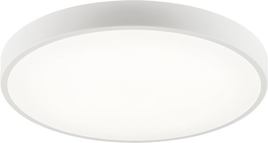 Ronde, platte witte plafondlamp met egale witte verlichting, schuin van voren.