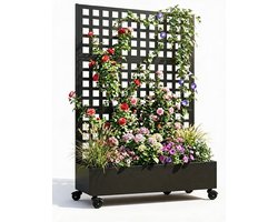 Danky - Gegalvaniseerde metalen plantenbak met scherm - 3-delige bloembak op wielen - 180 x 120 x 41 cm - 12 vakken - Zwart