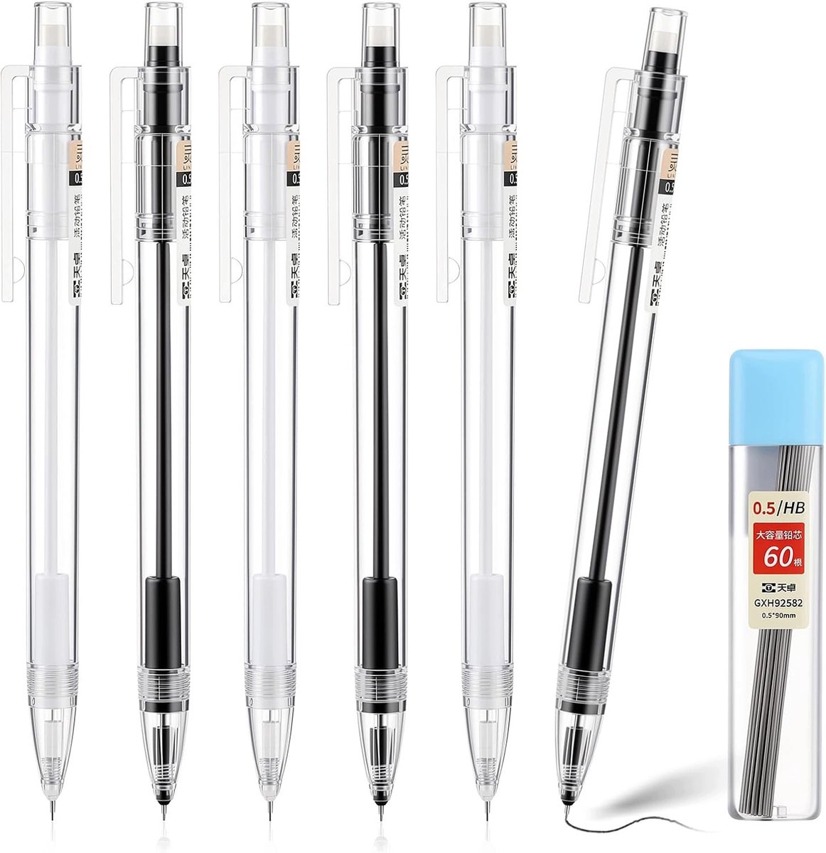 6 mechanische potloden 0,5mm + 60 HB Vullingen - Zwart & Wit