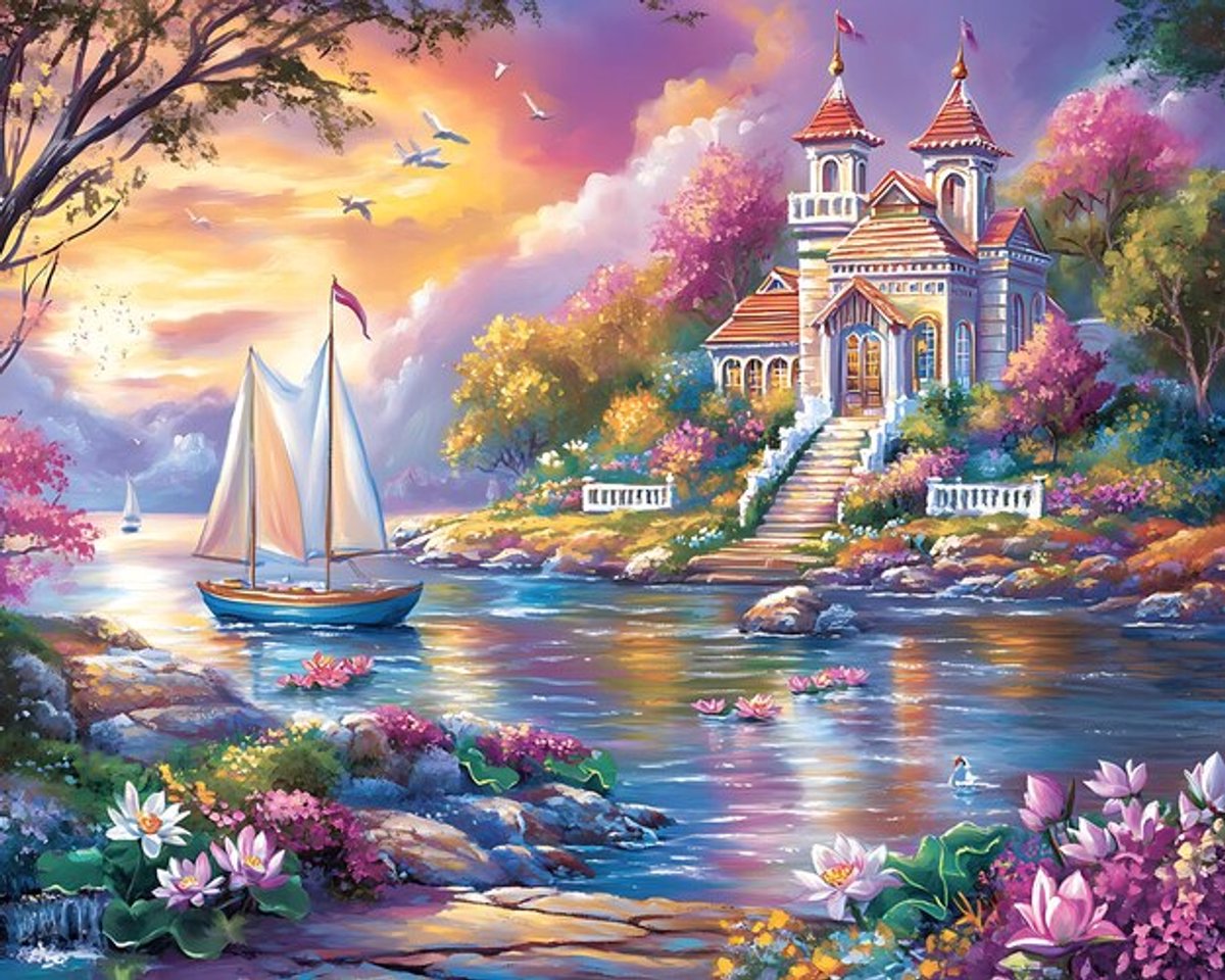 Diamond painting- Huis aan het meer - Diamond painting pakket - HQ - volledig dekkend - Diamant Schilderen – voor Volwassenen – ROND - 40 x 50 CM- TOPMO