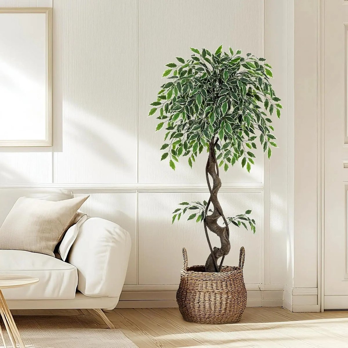 Archi Kunstplant Ficusboom – Nepplant - Kunstboom - Decoratie - 120 cm – Gebogen Boomstam – Met Witte Pot – Kunstplanten voor Binnen