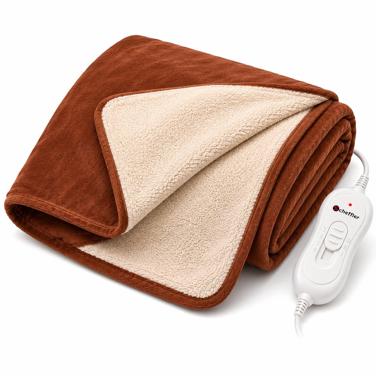 Scheffler Energiezuinige Elektrische Deken - 120W Warmtedeken XL 180 x 130 cm - 3 Standen - Pluche Teddy Winterdeken voor Bank & Bed - Bruin
