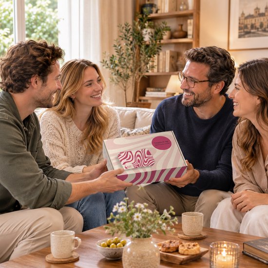 Vier mensen op een bank die een doos met zeep cadeaus uitwisselen.