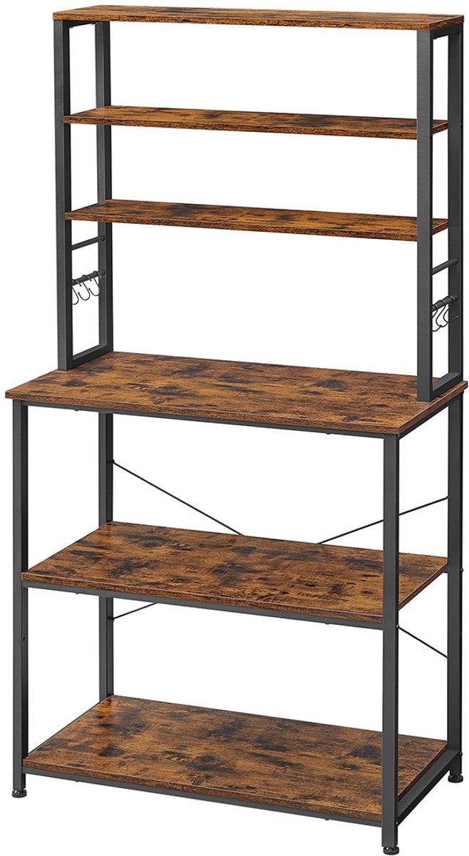 Multifunctioneel Keukenrek 40 x 80 x 167 cm Bruin + Zwart, Keuken Opbergrek met 6 Planken en 6 Haken, Verstelbare Plank, Magnetronrek, Opbergkast, Stevig Metalen Frame, Opbergrek voor Keuken, Woonkamer en Slaapkamer