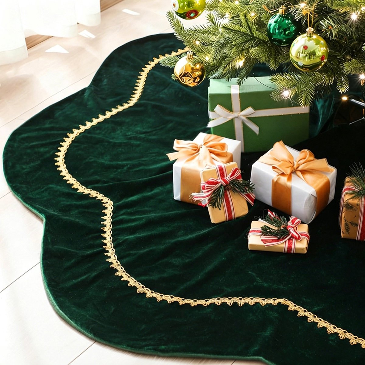 Kerstboomrok – Kerstboomkleed van Velours – Rond met Golvende Rand en Gouden Bies – Voor Kerstboomvoet, Cadeaus en Kerstdecoratie – Donkergroen – 152 cm