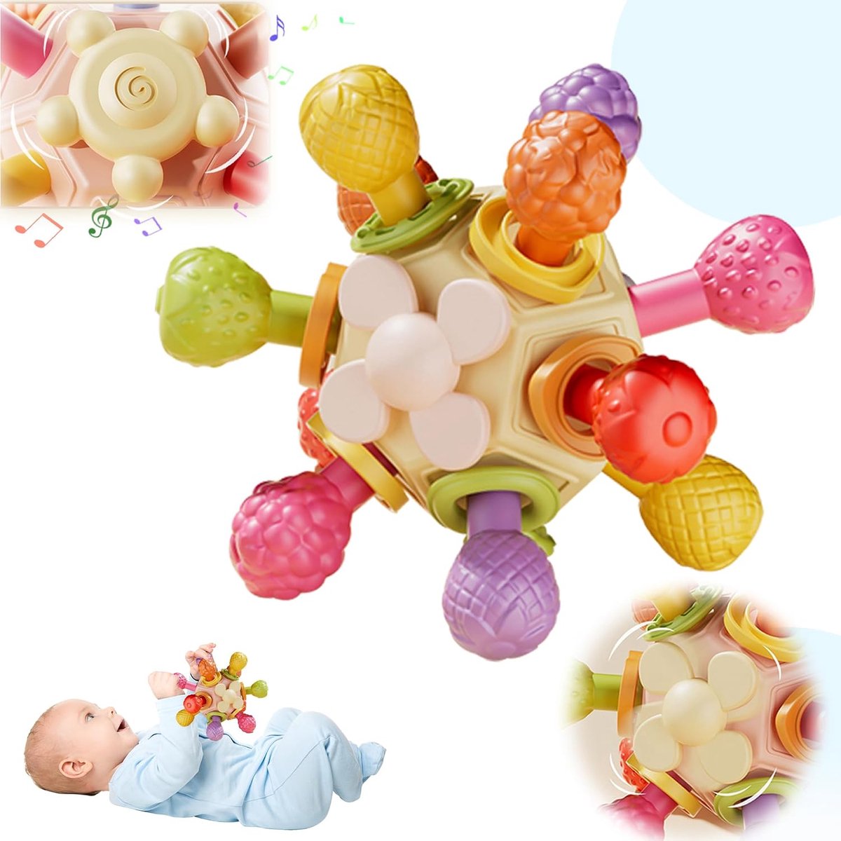 VONKELIOS® Bijt- en rammelspeelgoed, sensorisch speelgoed voor vroege stimulatie, Montessori tandvlees-speelgoed, verlicht tandpijn tijdens het doorkomen van tanden, vermindert vingerzuigen, fopspeen voor baby