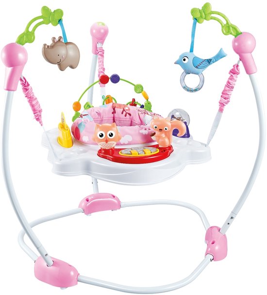 Roze baby jumper met een vogel, nijlpaard, uil en eekhoorn speelgoed, en een roze kussen met hartjes.