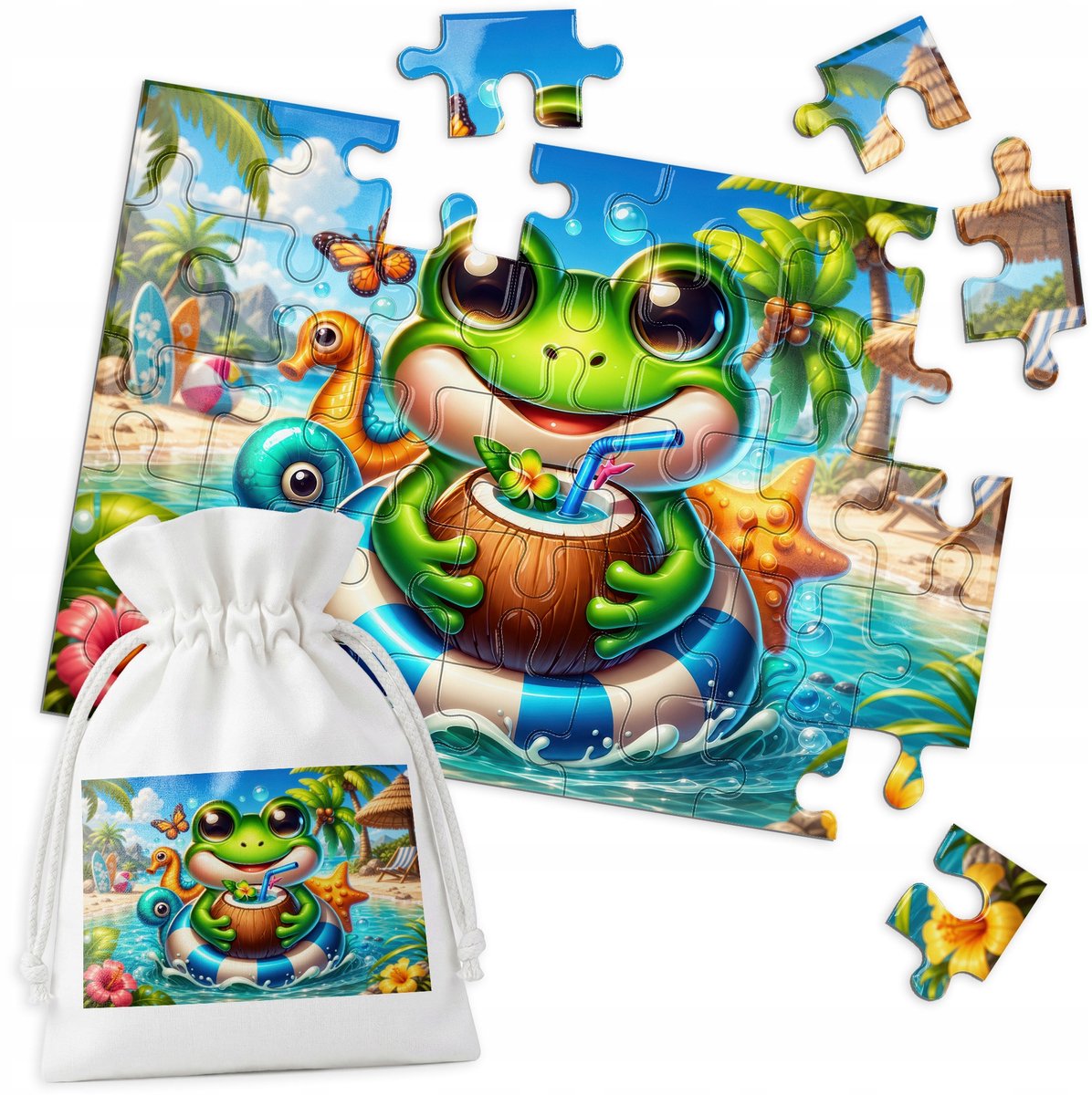 Houten Puzzel Kikker Kokosnoot Water Amfibie Strand - 35 stukjes