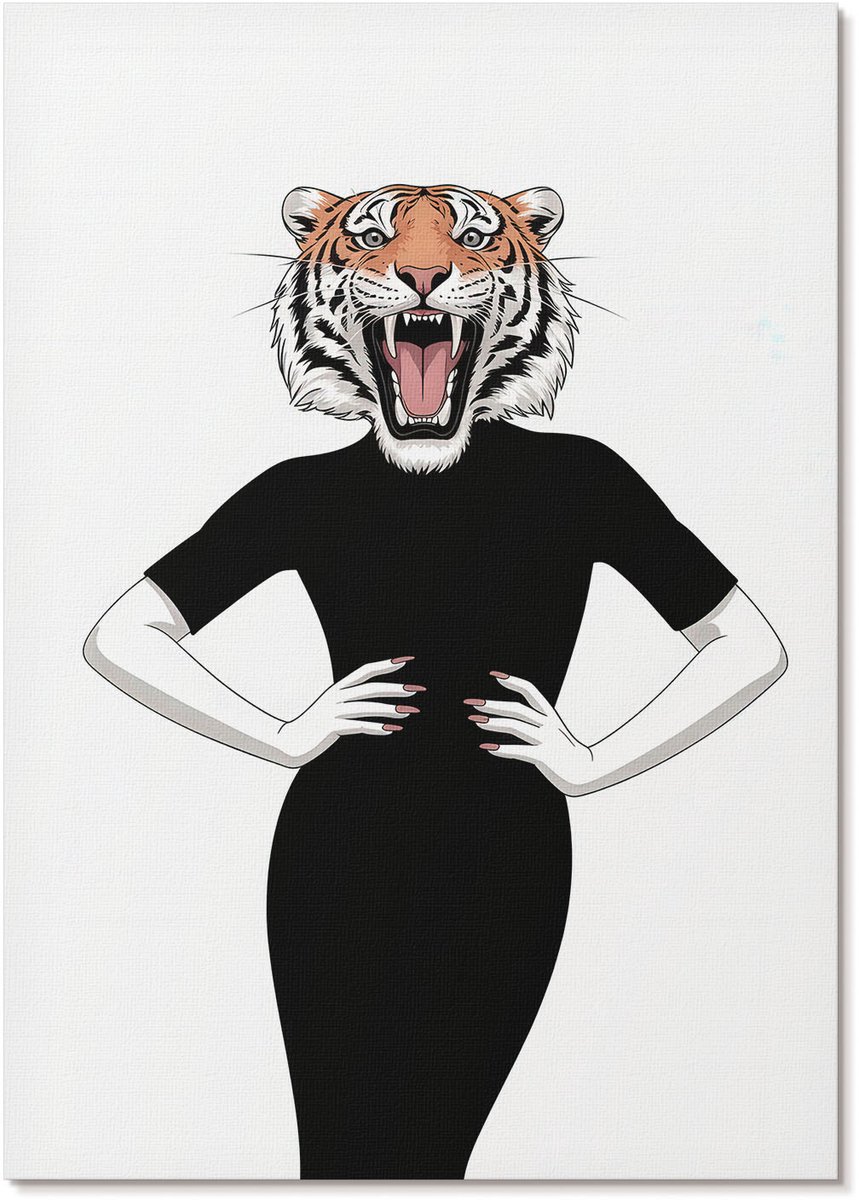 Tulup Canvas Poster Polycanvas - Tijgervrouw, Illustratie - A4 - Zwart Patroon - Rechthoek - Muurdecoratie - Woonkamer, Slaapkamer, Kantoor - Popcultuur
