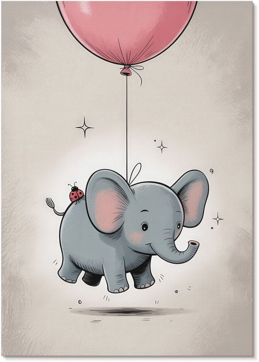 Tulup Polycanvas Wandposter - Olifant Met Een Ballon, Illustratie - A4 - Grijs Design - Rechthoek - Wandkunstwerk - Woonkamer, Slaapkamer, Kantoor - Kinder