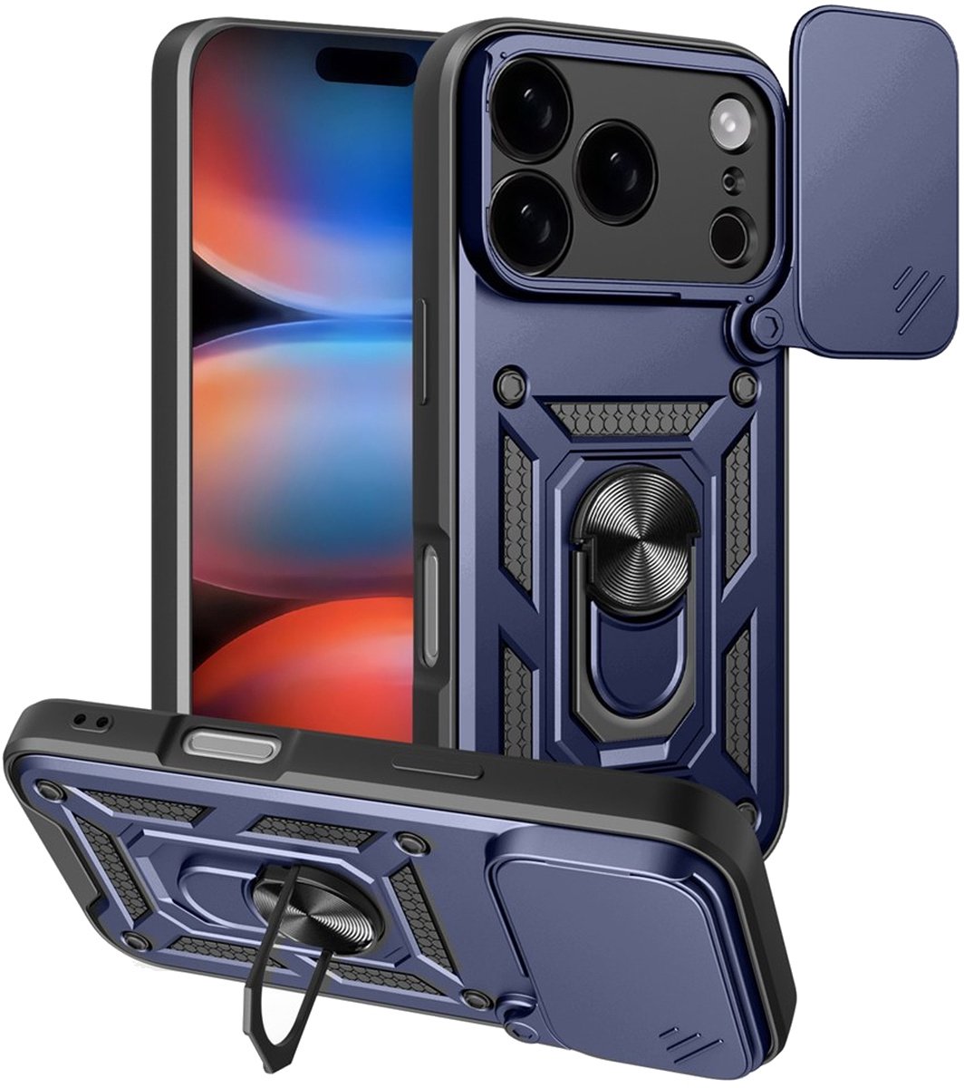 MobyDefend Hoesje - Geschikt voor iPhone 18 Pro - Pantsercase Met Draaibare Ring - Blauw